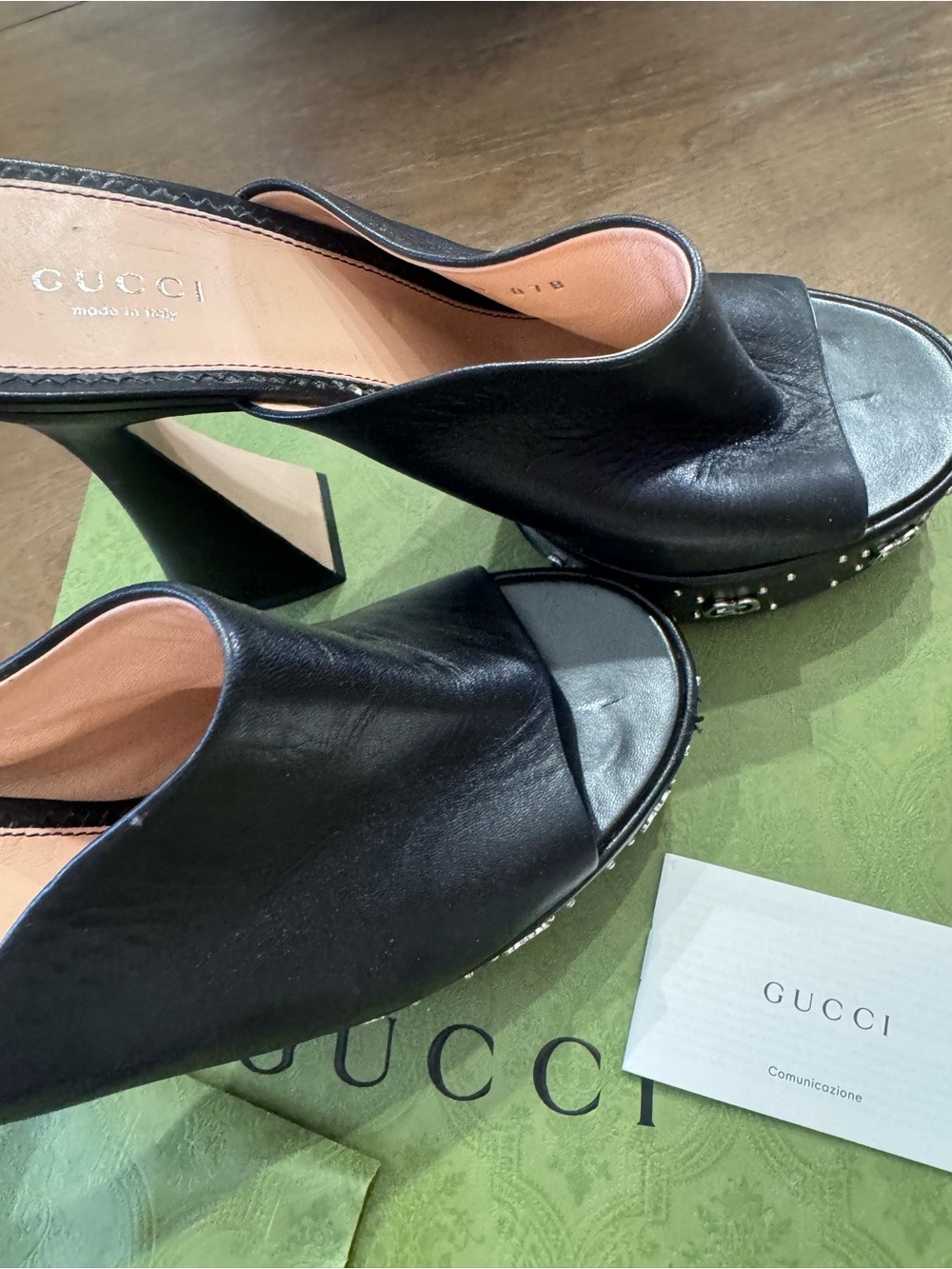 Gucci Black Leather Platform Mule Clogs with Silver GG Stud Accents - Picture 2 of 6